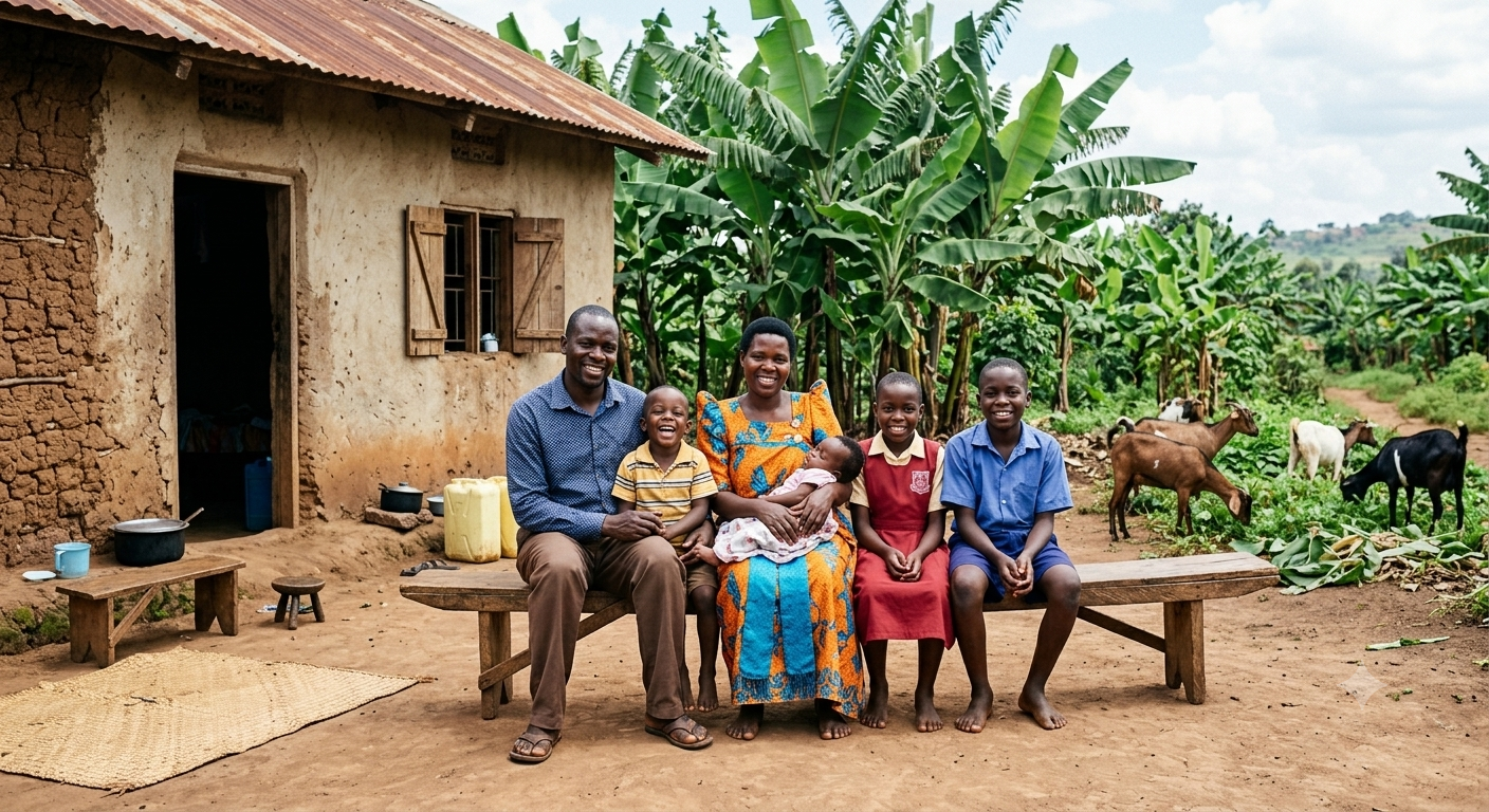 family in the village seated outside their home